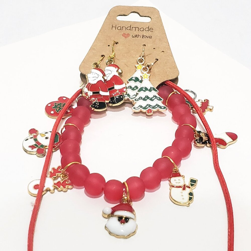 Christmas Charm Bracelet Santa Earrings Necklace Jewelry Set Gold Tone Present